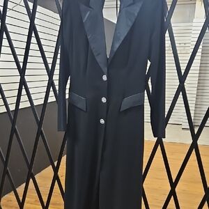 Elegant Black Long Coat with Satin Lapels